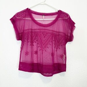 Free People The Vicki embroidered Sheer Mesh Top Fushia Pink